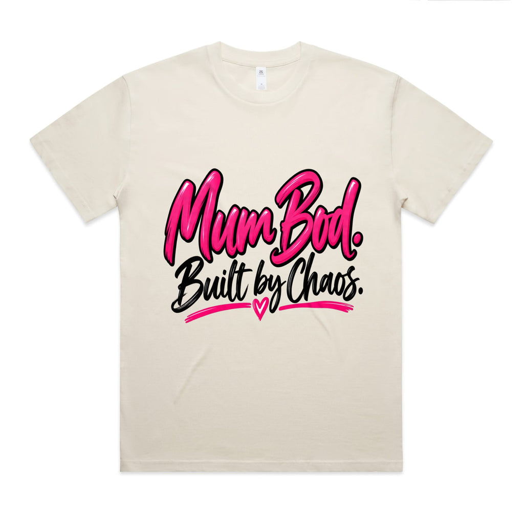 Mum Bod. Built by Chaos. Oversized Tee, front