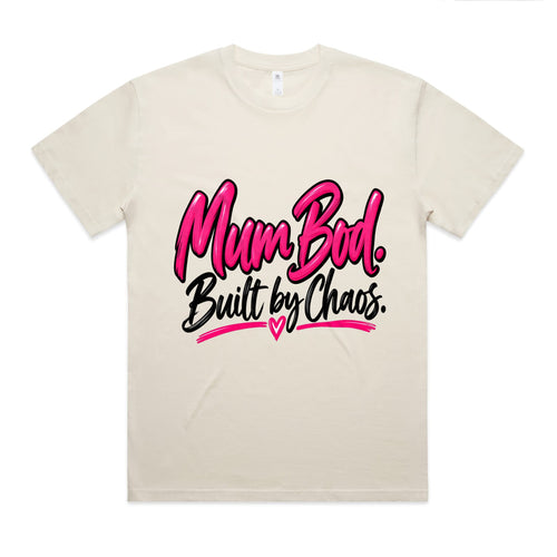 Mum Bod. Built by Chaos. Oversized Tee, front